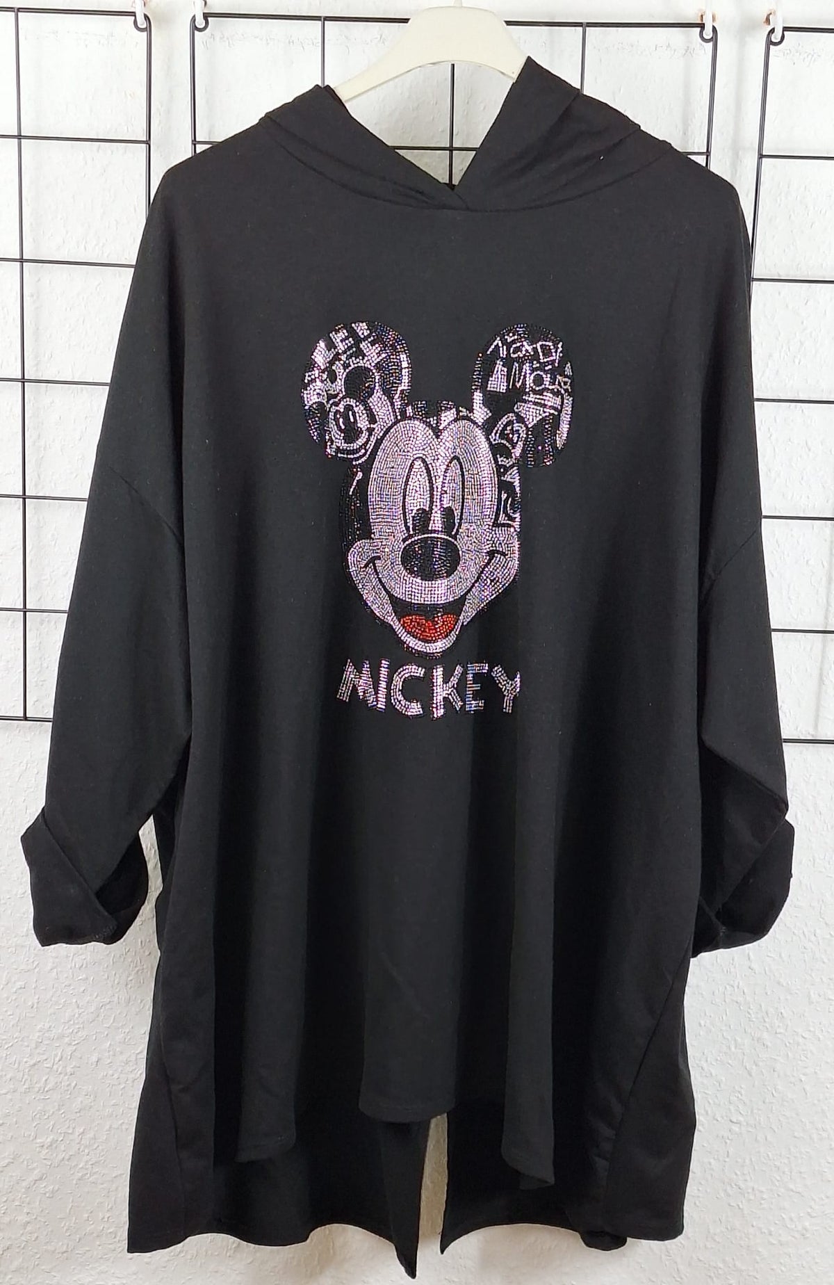 Oversize Damen Hoodie in Schwarz mit glitzerndem Maus-Motiv