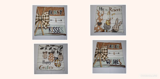 Osterkissen 4er Set 40x40 cm aus Samt mit Hasenmotiven inklusive Innenkissen
