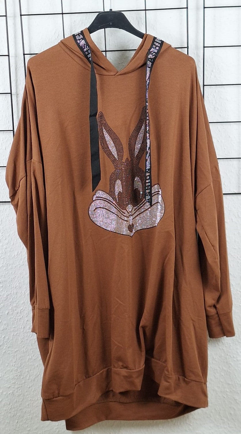 Brauner Oversize Damen Hoodie aus Baumwolle mit glitzerndem Hasenmotiv