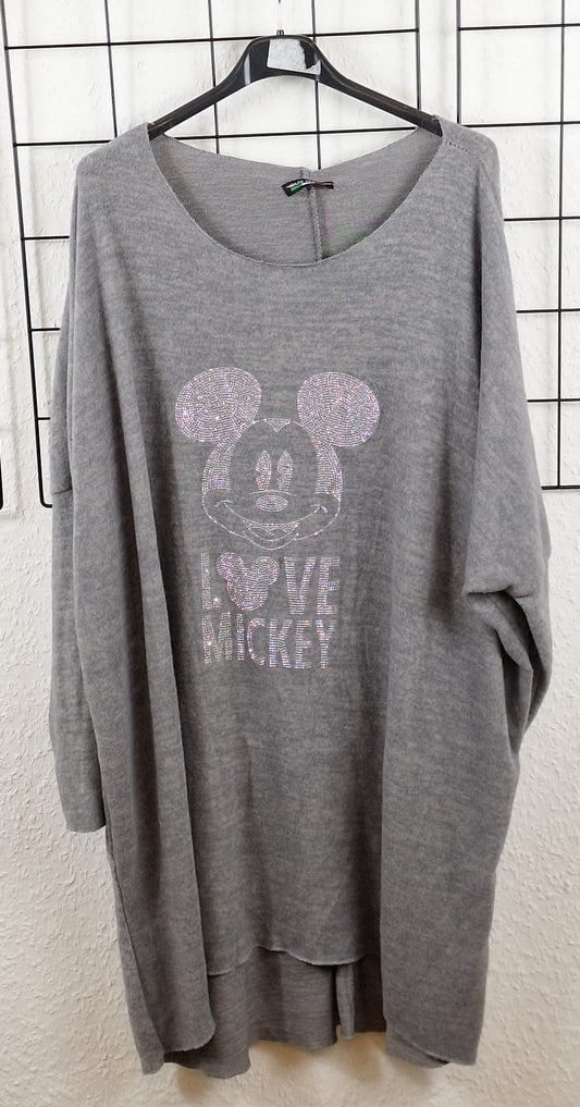 Oversize Longshirt aus Viskosemix mit glitzerndem Cartoon-Gesicht, locker fallender Schnitt, Einheitsgröße tragbar von 44/46 bis 50/52, in Grau 
