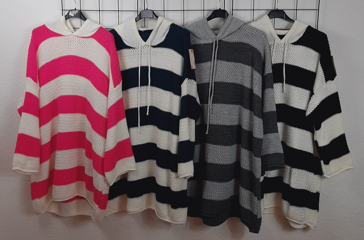 Oversize Strick Hoodie mit Blockstreifen und Kapuze