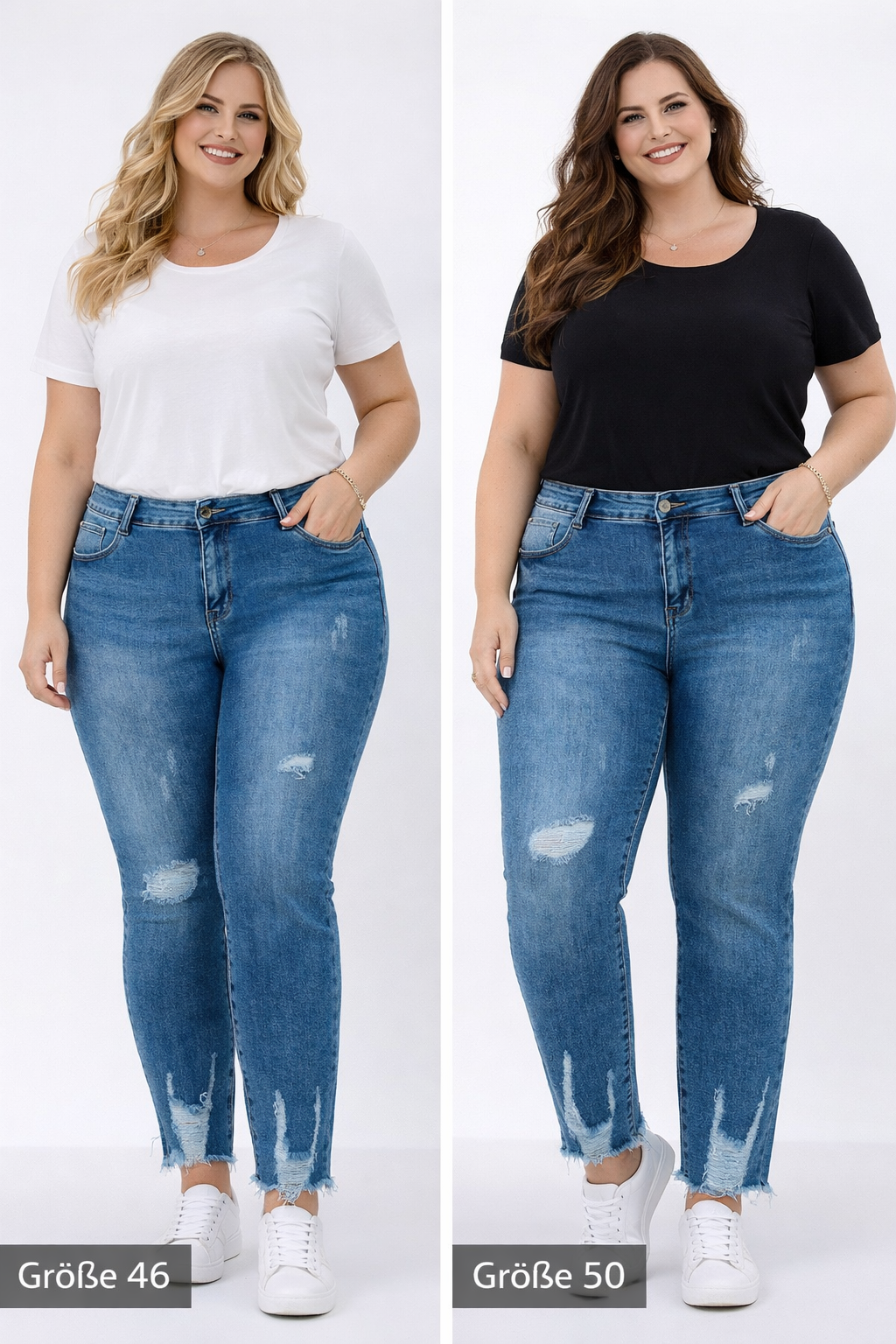Damen Push Up Jeans Blau Used Look Fransen