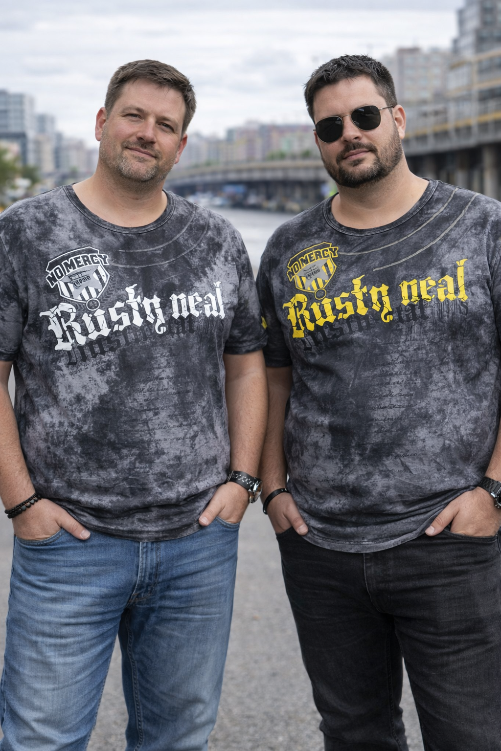 Rusty Neal Herren Shirt 2XL grau getragen von kräftigen Männern Passform Beispiel