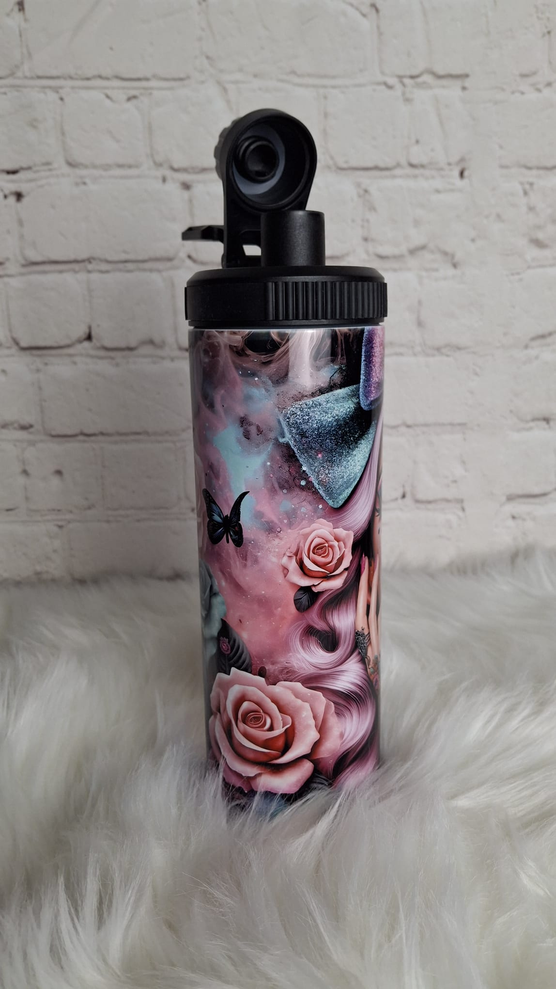 Thermo Tumbler Edelstahl mit Gothic Skull Art Motiv Seitenansicht