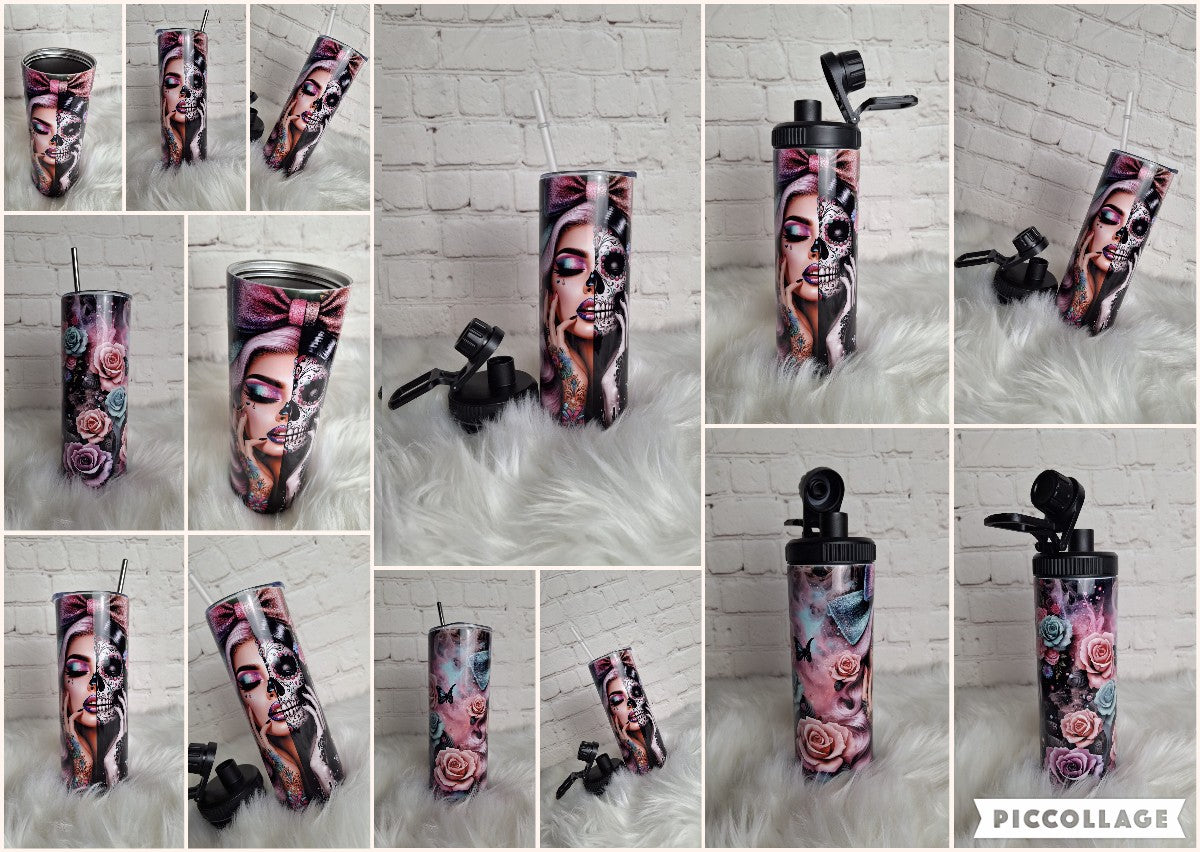 Thermo Tumbler Edelstahl mit Gothic Skull Art Motiv verschiedene Ansichten
