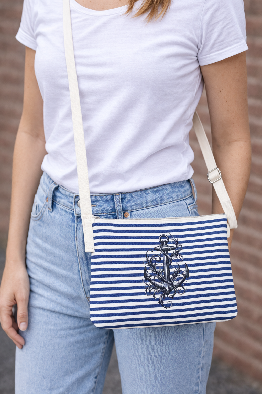 Kleine Umhängetasche Damen maritim Anker – gestreifte Baumwoll Crossbody Tasche blau weiß